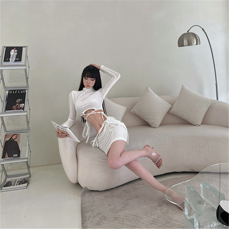Spice Girl Velvet Suit Women's Spring and Autumn New Fried Street Pure Desire Milk Sweet Semi-turtleneck Cross Strap Long Sleeve Short Skirt