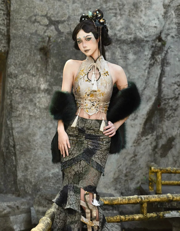 New chinoiserie button birdcage water drop collar cheongsam short tops christmas