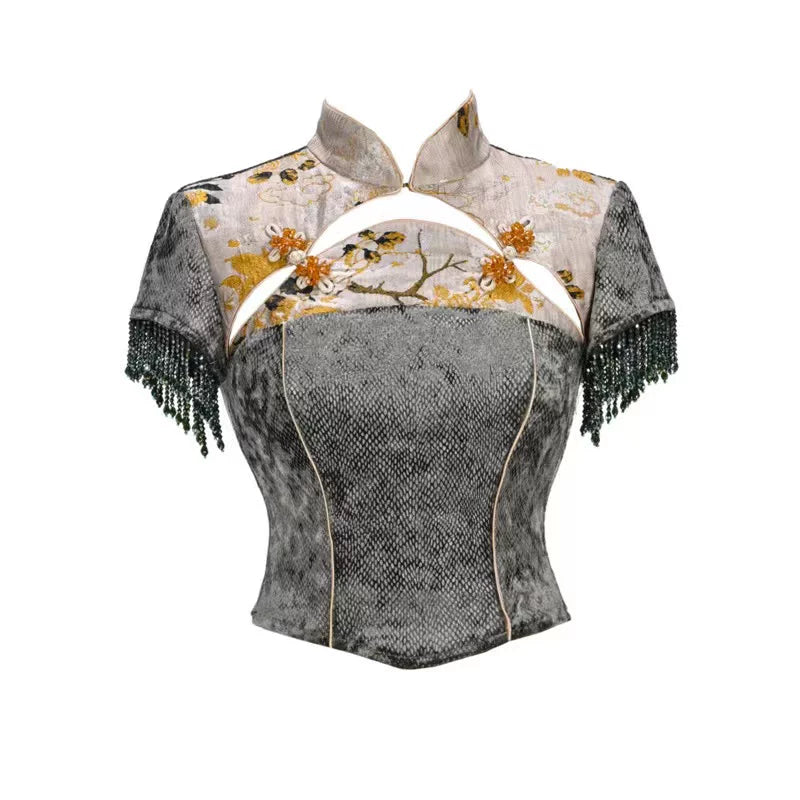 New chinoiserie jacquard snake print slimming tassel short sleeve cheongsam tops christmas halloween