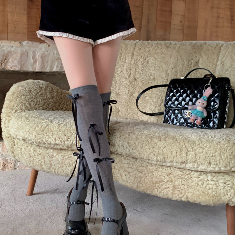 Fashion niche ballet style socks strap bow knee socks female college style jk calf stacking socks