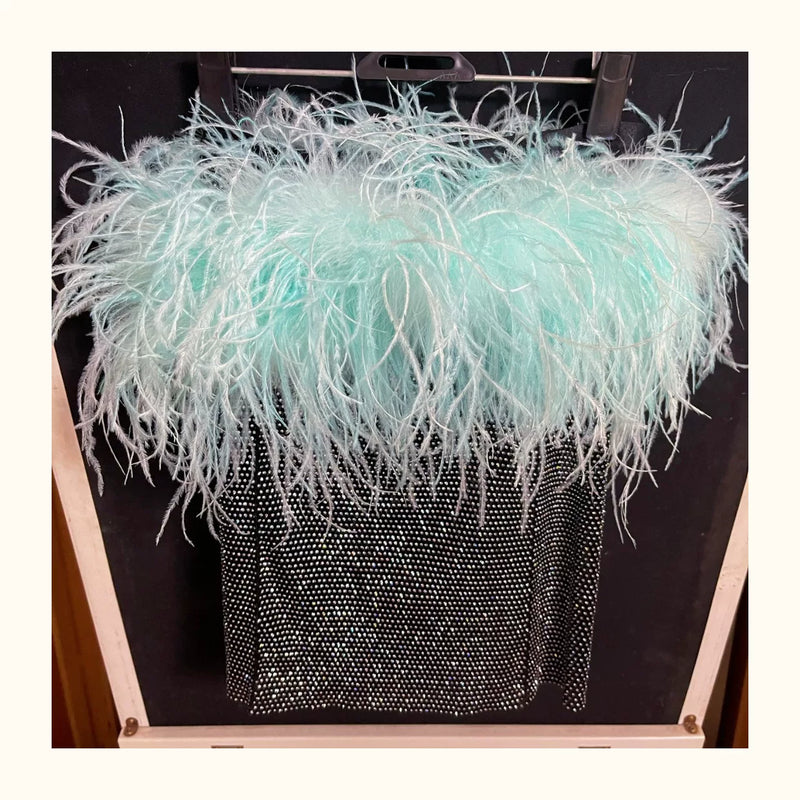 Mint blue-green haute couture heavy industry one-word collar rhinestone feathers ostrich hair tube top