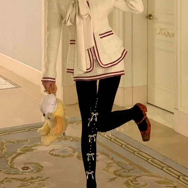 Fashion niche atmosphere, pearl bow, abdomen and hip lift, pressure to look thin, autumn and winter warm pantyhose women