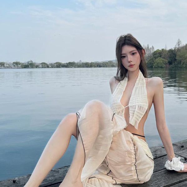 Pure Desire Wind Sexy Hot Girl Bareback Hanging Neck Dress for Women's Summer Beach Vacation, Slimming and Hip hugging Long Dress