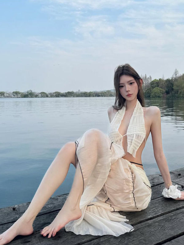 Pure Desire Wind Sexy Hot Girl Bareback Hanging Neck Dress for Women's Summer Beach Vacation, Slimming and Hip hugging Long Dress