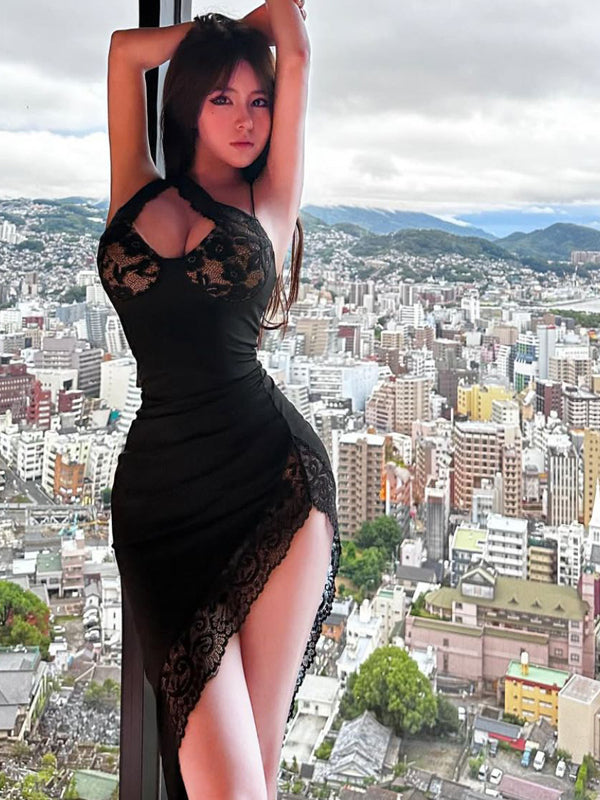 Nightclub spicy girl style sexy low cut V-neck lace patchwork irregular temperament high slit waist slimming dress