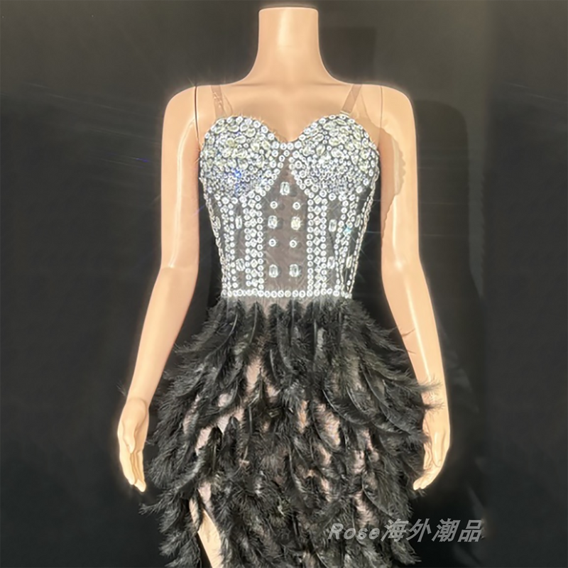 Elegant white swan-inspired feather skirt dress - slimming, rhinestone embellished mini dress for vacation, runway, party, and evening events