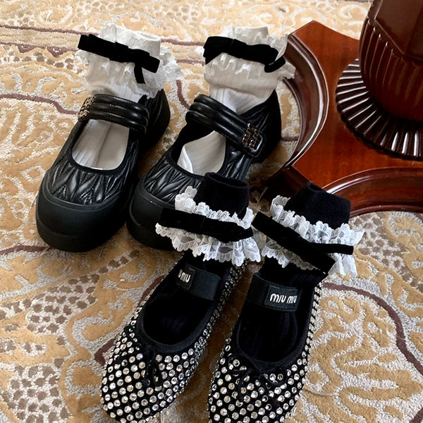 Fashion niche bow socks women's summer jk heel middle tube ribbon lace white calf socks thin