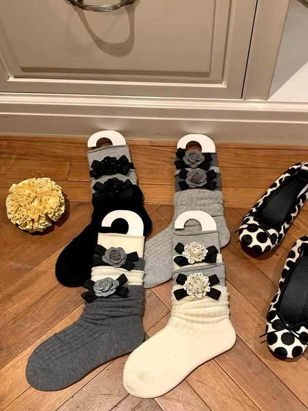 Fashion niche, design European small fragrant style bow non-removable camellia calf socks medium tube socks