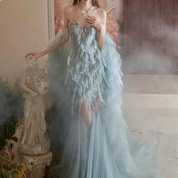 Blue feather tube top evening dress women's high sense birthday party princess dress annual meeting engagement bride toast dress