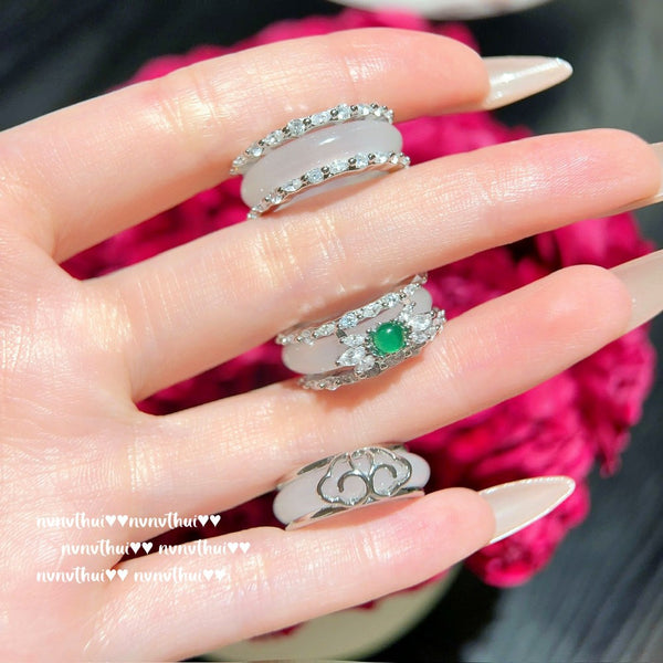 White Moonlight Litchi Frozen Jade Gemstone Bracelet Water Spirit Water Spirit White Jade Gemstone Agate Flower Ring New Chinese Style