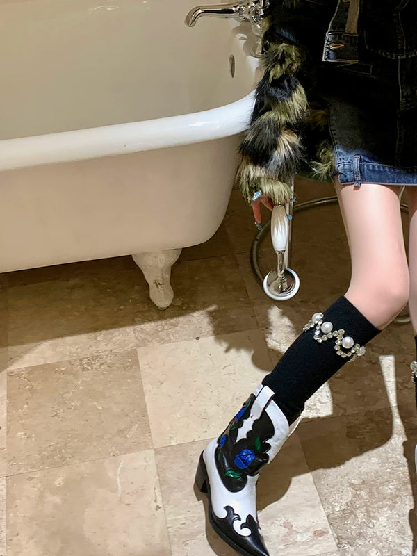 Fashion White Calf Socks Dongdaemun Stacked Socks Rhinestone Pearl Socks Grey Stacking Socks Girls