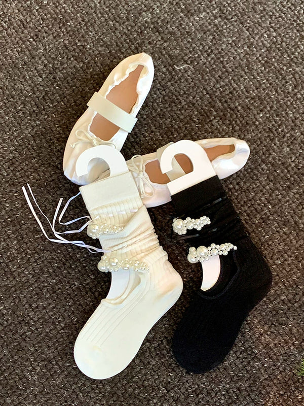 Fashion niche mid-tube socks hand-sewn heavy industry pearl hollow ins wind Japanese vertical strip cotton socks calf socks jk