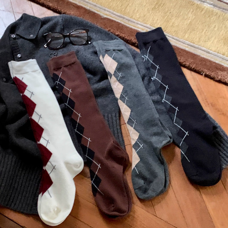 Fashion Academy Rhombus Knee Calf Socks Elegant Retro Thousand Gold Contrast Pile Socks