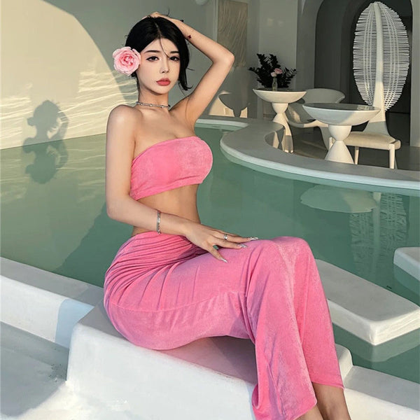 Spice girl sexy high waist sweet and spicy tube top skirt temperament tender powder age reduction suit slim body chest wrap holiday dress suit women