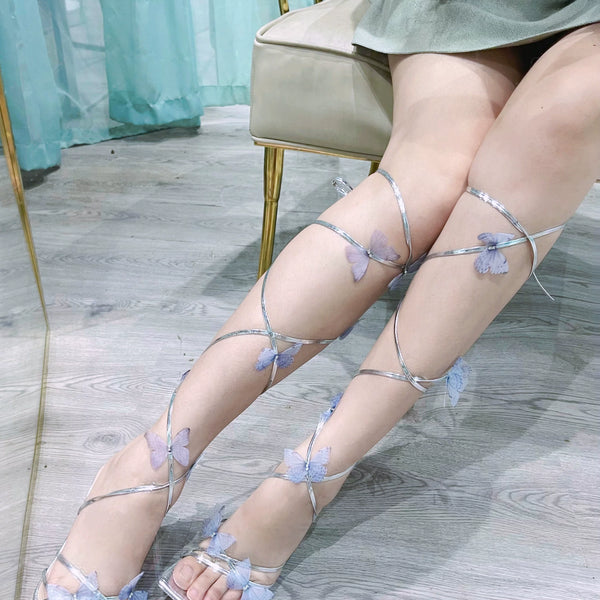 Handmade custom blue moon stone | three-dimensional butterfly strap silver silk open-toed stiletto fairy temperament high heels sandals