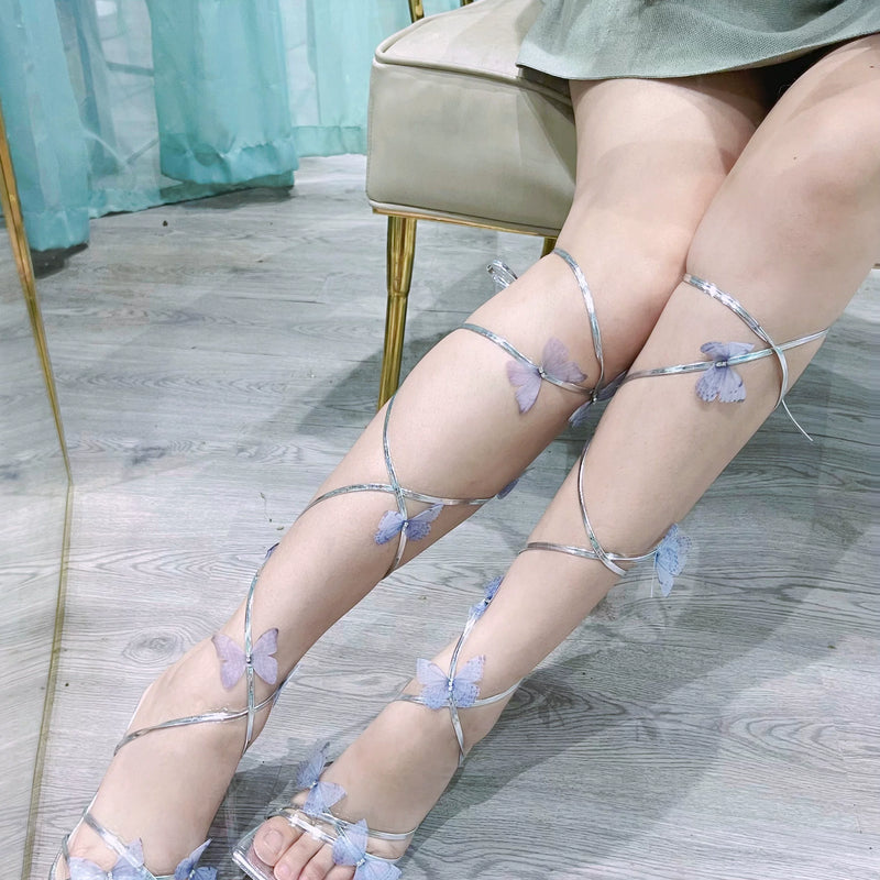 Handmade custom blue moon stone | three-dimensional butterfly strap silver silk open-toed stiletto fairy temperament high heels sandals