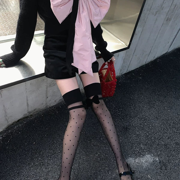 Fashion original niche design half barrel polka dot black stockings girl bow versatile bare leg socks artifact