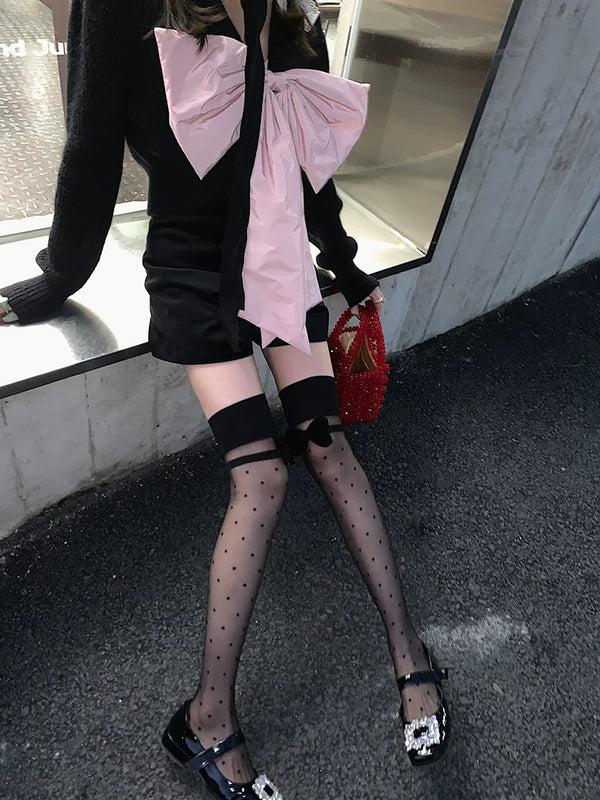 Fashion original niche design half barrel polka dot black stockings girl bow versatile bare leg socks artifact