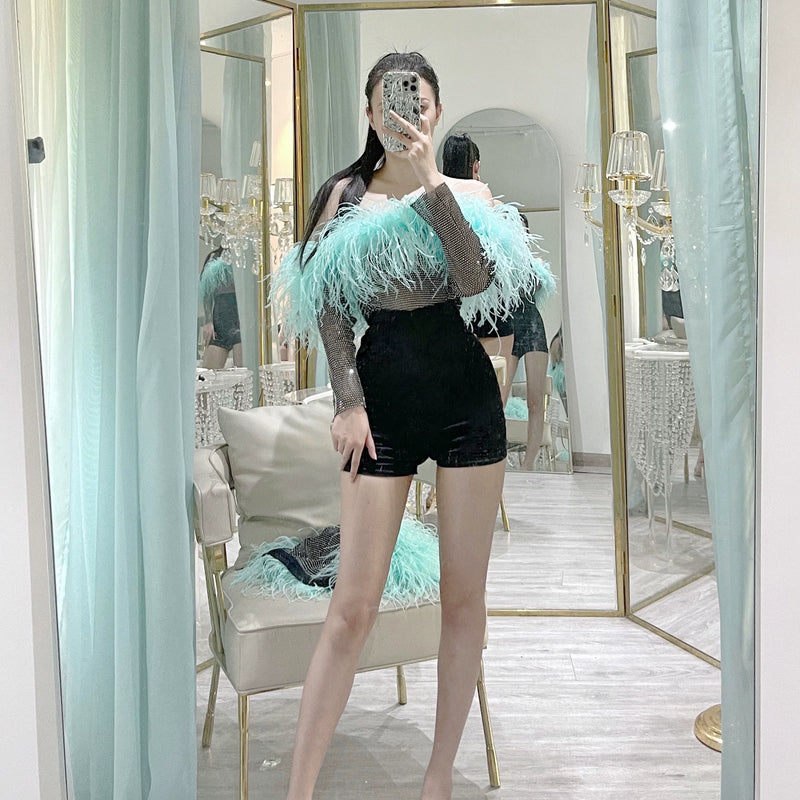 Mint blue-green haute couture heavy industry one-word collar rhinestone feathers ostrich hair tube top