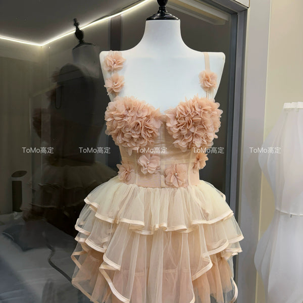 Sweet three-dimensional flower tube top suspender top irregular trailing tutu skirt mesh cake skirt birthday dress