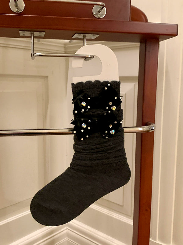 Fashion niche, design spring and summer thin bow jk socks milk white mesh rhinestone miu wind calf socks