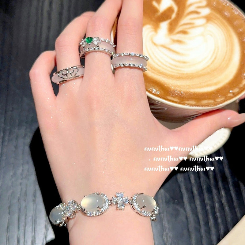 White Moonlight Litchi Frozen Jade Gemstone Bracelet Water Spirit Water Spirit White Jade Gemstone Agate Flower Ring New Chinese Style