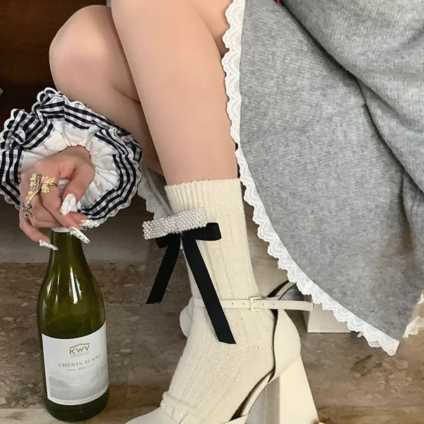 Fashion niche brand black tube socks female tide ins sweet pearl bow socks jk calf socks