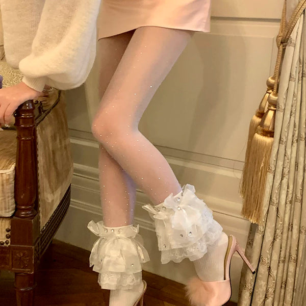 Fashion niche, design thin mesh lace diamond women's stacking socks cute medium tube socks student socks