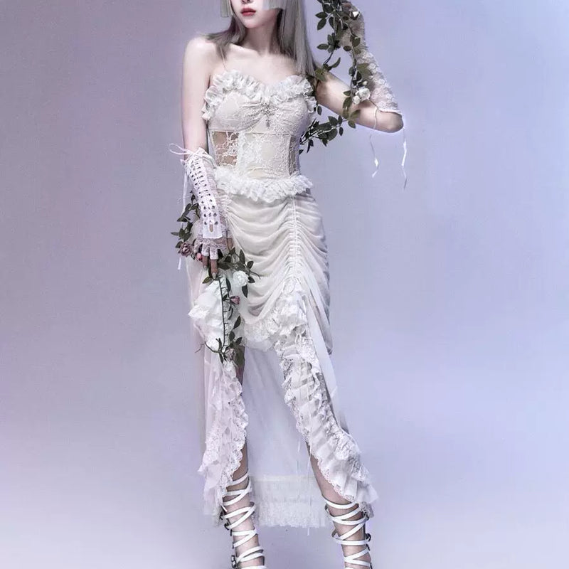 God's redemption white goth drawstring lace mesh dark suspender dress summer