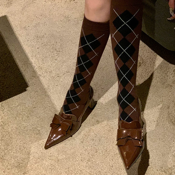 Fashion Academy Rhombus Knee Calf Socks Elegant Retro Thousand Gold Contrast Pile Socks