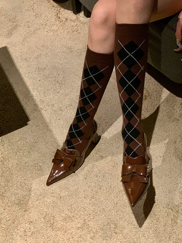 Fashion Academy Rhombus Knee Calf Socks Elegant Retro Thousand Gold Contrast Pile Socks