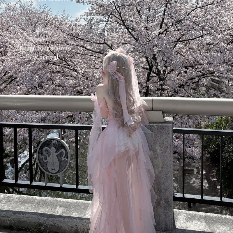 Pink off-the-shoulder bandeau dress - romantic french fairy princess dress