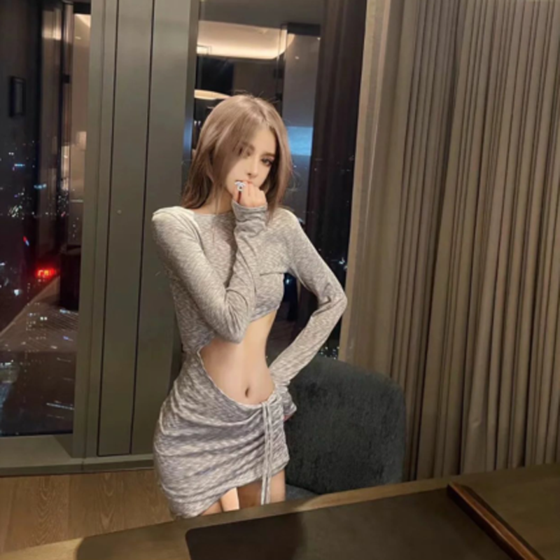 Spring New Sexy Slim Hollow Waist Niche Design Sense Foreign Style Long Sleeve Versatile Bottom Irregular Dress