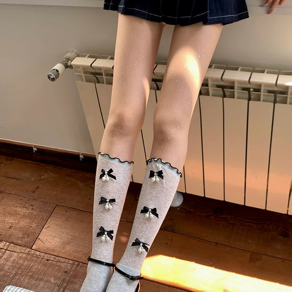 Fashion niche bow pearl pendant socks cute girl ballet summer stacking socks socks