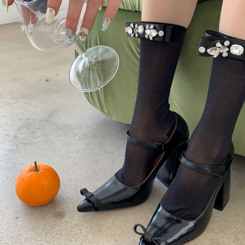 Fashion niche socks full diamond bow socks pearlescent glass socks thin pure desire wind white socks