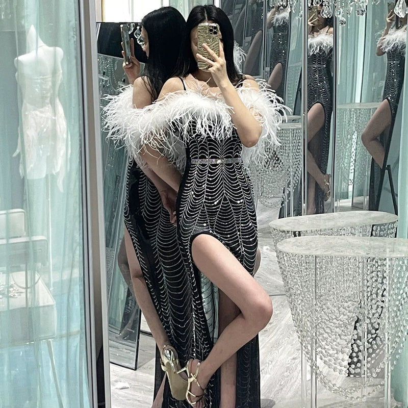 Full Body Hot Diamond Luxury Heavy Industry Ostrich Feather Feather, Extravagant Evening Dress Birthday Dress