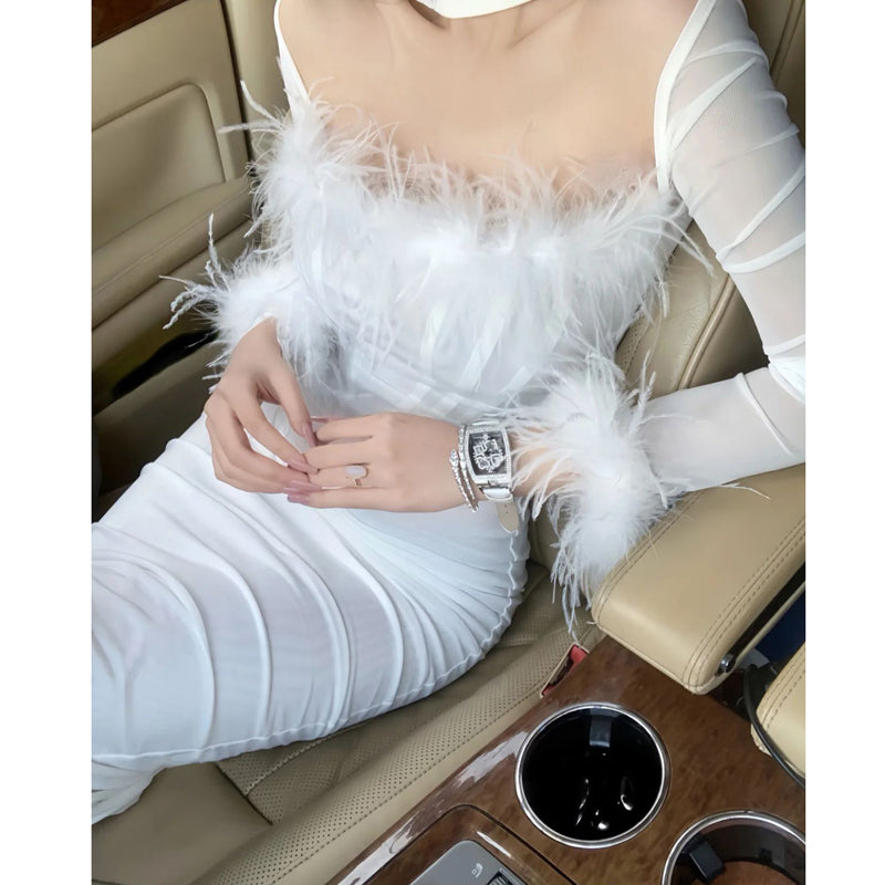 Pure desire feminine girl super fairy ostrich hair temperament versatile high waist solid color feathers fish bone waist dress spring