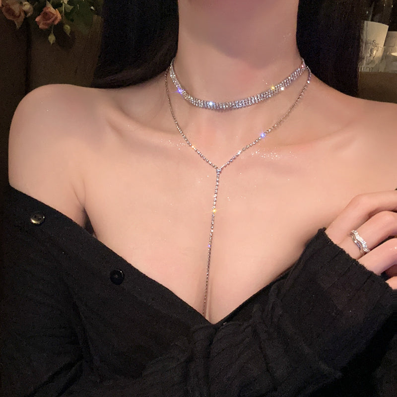 Go to the dinner together~ Full diamond super flash tassel necklace women's light luxury niche design chest chain high-grade collarbone chain neck chain