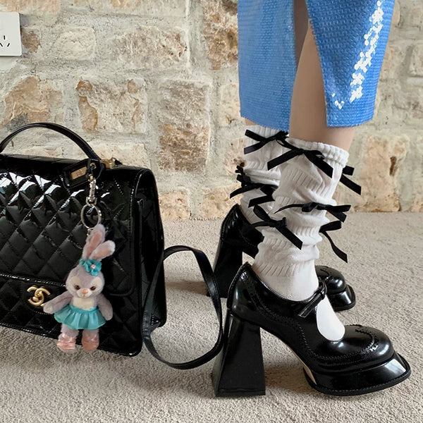 Fashion niche pink bow medium tube sweet stacking socks ballet girl jennier same style