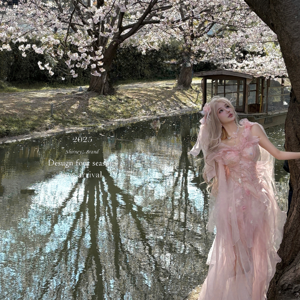 Pink off-the-shoulder bandeau dress - romantic french fairy princess dress