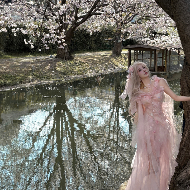 Pink off-the-shoulder bandeau dress - romantic french fairy princess dress