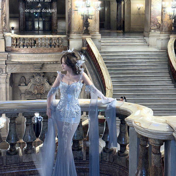 Silver slimming sexy dress full diamond split goddess maxi dress