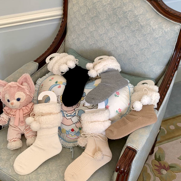 Fashion niche soft waxy lamb wool lace plush ball Lolita girl wool pile socks woman