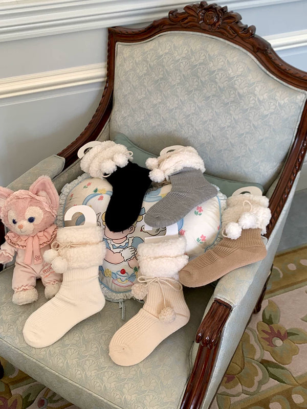 Fashion niche soft waxy lamb wool lace plush ball Lolita girl wool pile socks woman