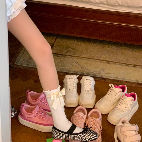 Fashion niche Japanese square diamond gem bow lace socks white black cute Lolita