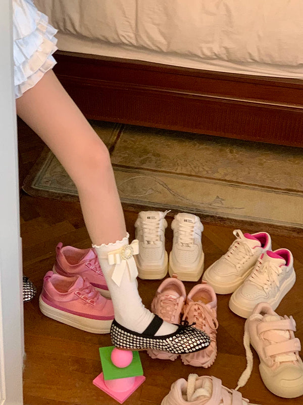 Fashion niche Japanese square diamond gem bow lace socks white black cute Lolita