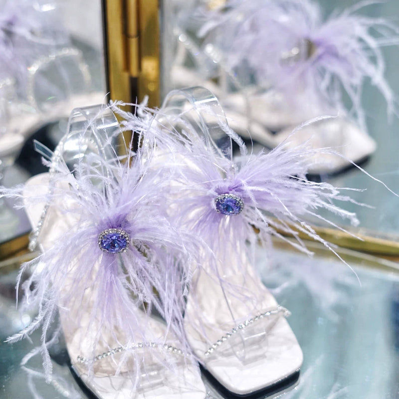 Ostrich feathers transparent one-word buckle high heels straps rhinestone sandals