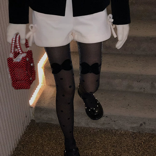 Fashion original niche design pearlescent polka dot black stockings girl bow versatile bare leg socks artifact