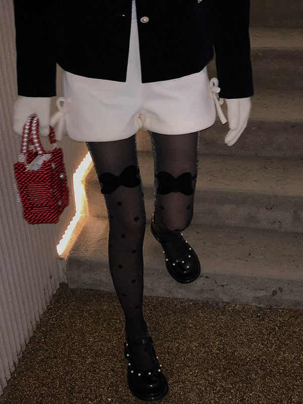 Fashion original niche design pearlescent polka dot black stockings girl bow versatile bare leg socks artifact