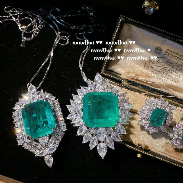 Mojito Emerald Flower Necklace Rich Lady's Happiness Peacock Green Snowflake Zircon Earrings